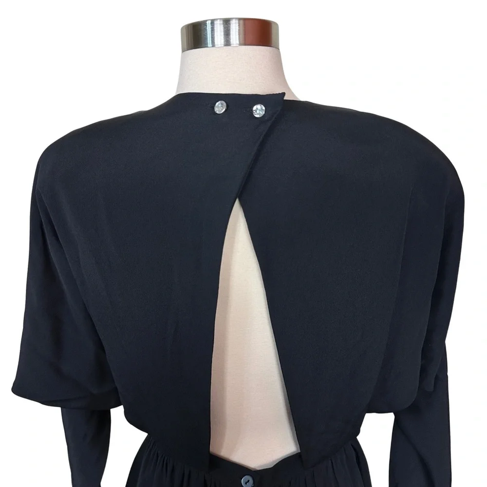 Regina Kravitz Vintage Black 80s Padded Shoulder Cutout Back Peplum Dress Size 8 - Picture 5 of 10